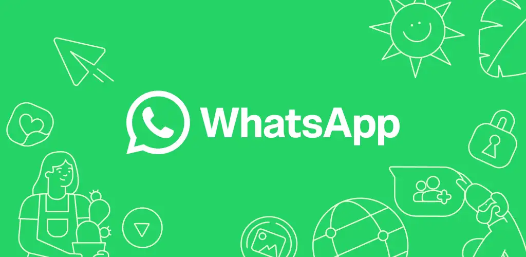 WhatsApp branding with community line-art icons on a green background