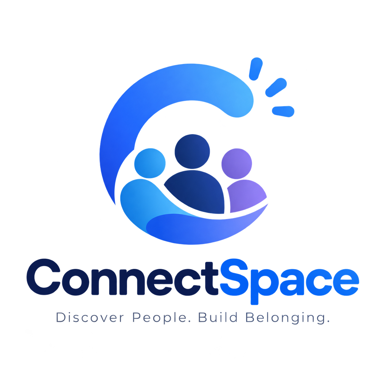 ConnectSpace logo: a blue circular mark around three people icons with the tagline Discover People. Build Belonging.
