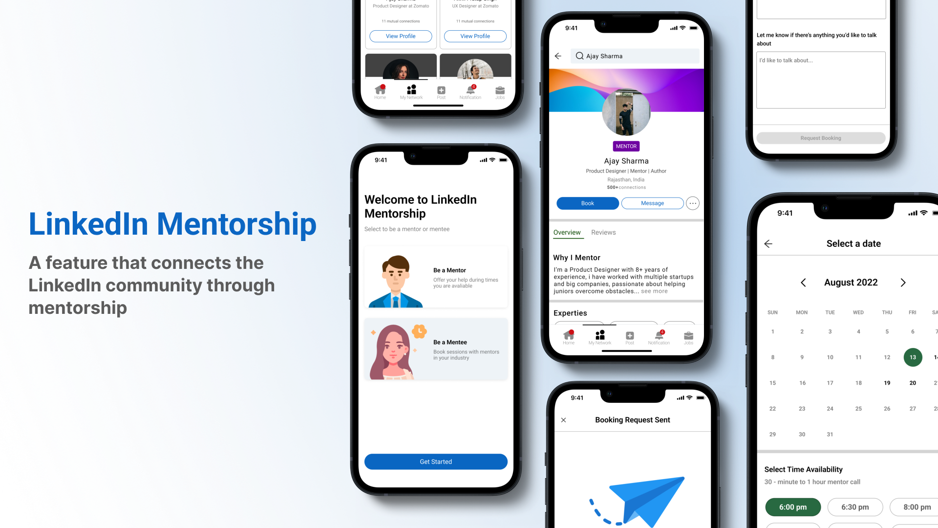 LinkedIn Mentorship concept mockups: mentor profile, booking calendar and onboarding screens on phones