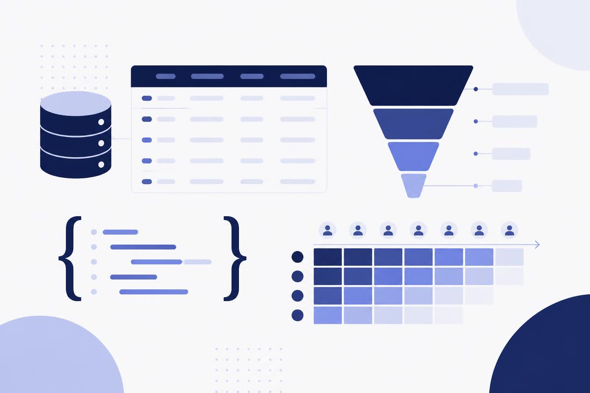 Illustration of a database, data table, funnel chart and cohort retention heatmap