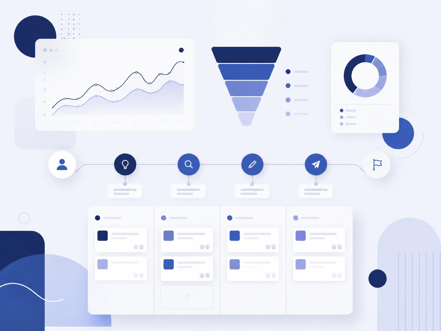 Illustration of product dashboards, a funnel and a user journey line with milestone nodes