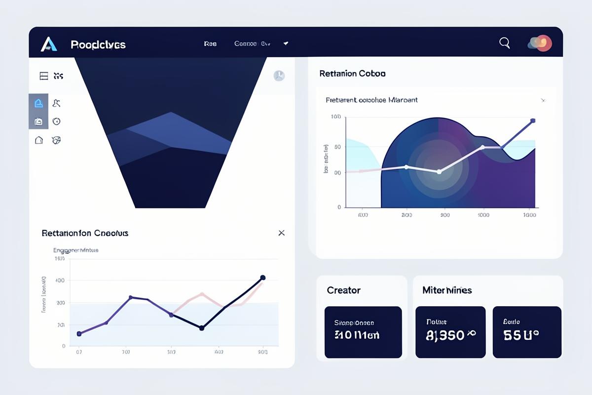 Illustration of a product analytics dashboard with a funnel, retention cohort heatmap and engagement metrics